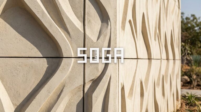 GFRC vs GRC vs ACP vs HPL: Which Facade Material Is Best in India? (2026 Cost + Comparison) 2 Sculptural GFRC glass-fibre reinforced concrete facade panels detail — premium facade material 2026 India