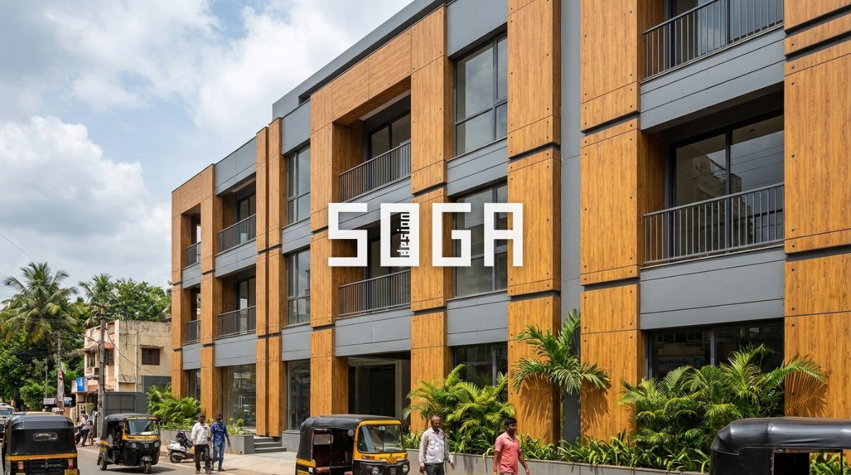 GFRC vs GRC vs ACP vs HPL: Which Facade Material Is Best in India? (2026 Cost + Comparison) 6 Building facade with HPL high-pressure laminate rainscreen cladding panels — facade material India 2026