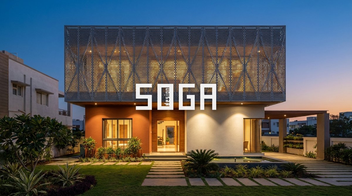 Double-Storey House Front Elevation Designs 2026: Modern Parametric Ideas 5 Double-storey house front elevation with laser-cut aluminium jali screen — parametric house facade India 2026