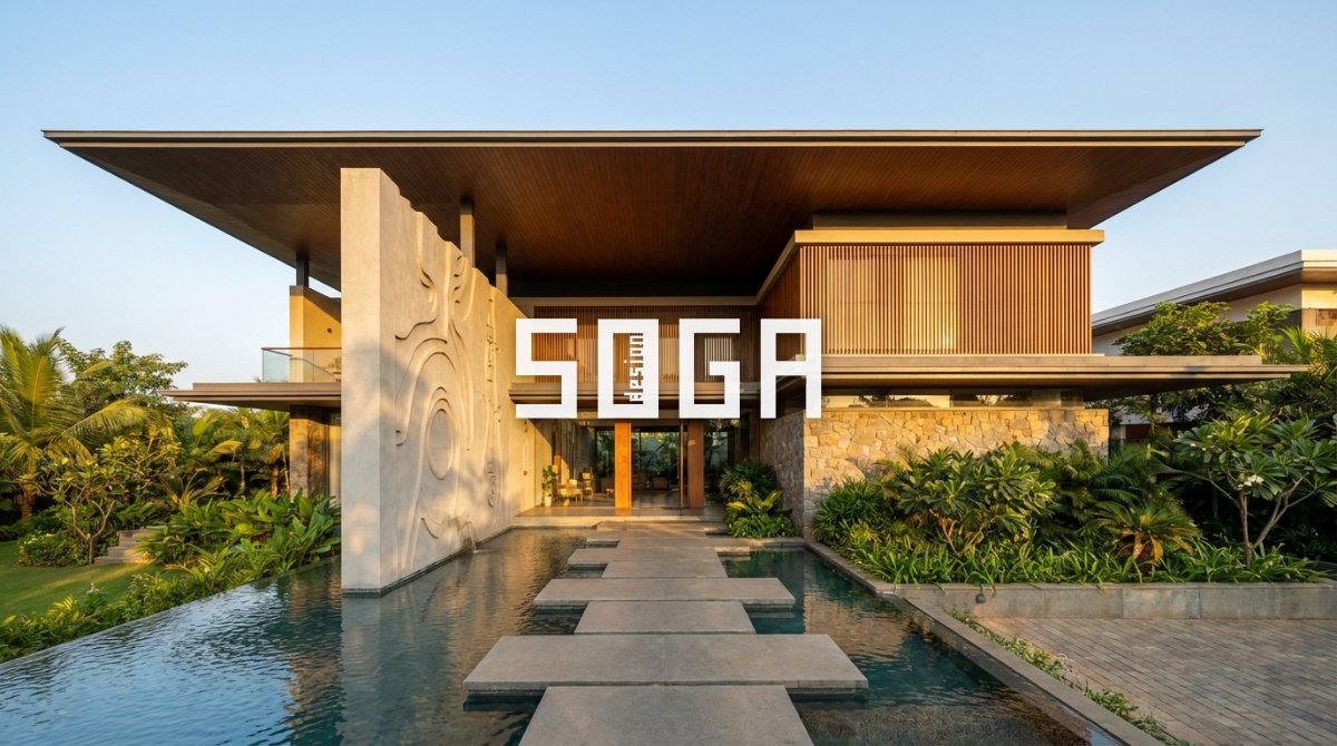 Double-Storey House Front Elevation Designs 2026: Modern Parametric Ideas 6 Luxury contemporary double-storey villa front elevation with GFRC feature wall at golden hour — villa elevation design India 2026
