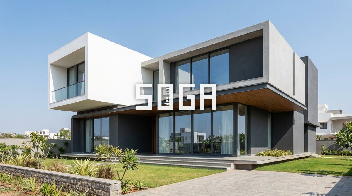 Double-Storey House Front Elevation Designs 2026: Modern Parametric Ideas 4 Minimalist white and grey double-storey villa front elevation with cantilever — modern house elevation design India 2026