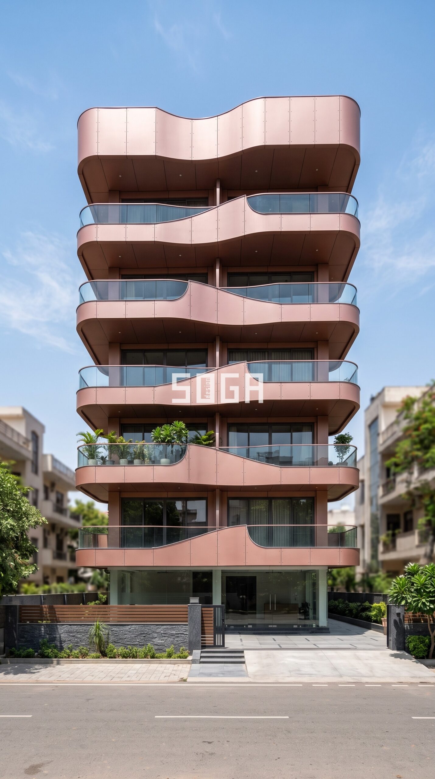 pinwheel rotated metal panel modules giving dynamic angular  parametric facade Lucknow - SOGA Design Studio