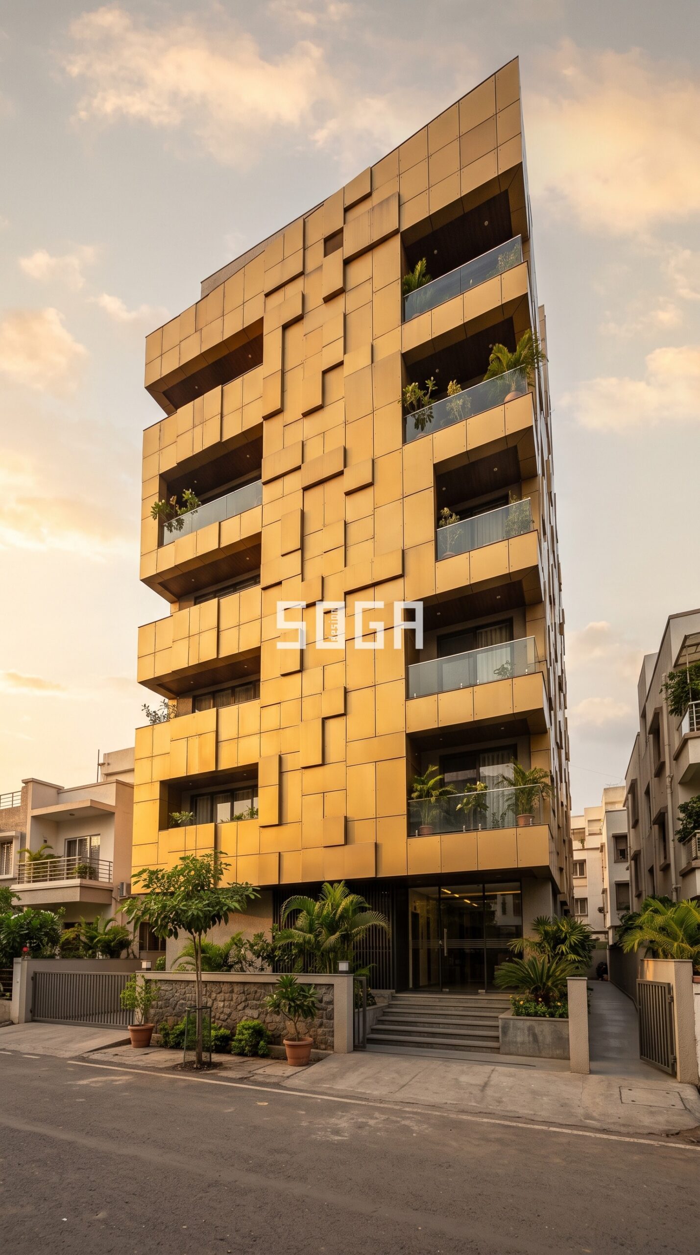 Parametric Architecture in Kolkata: Wide Dramatically Cantilevered Balconies Facade Design 2026 2 pixelated mosaic metal tile facade with varying projection d parametric facade Pune - SOGA Design Studio