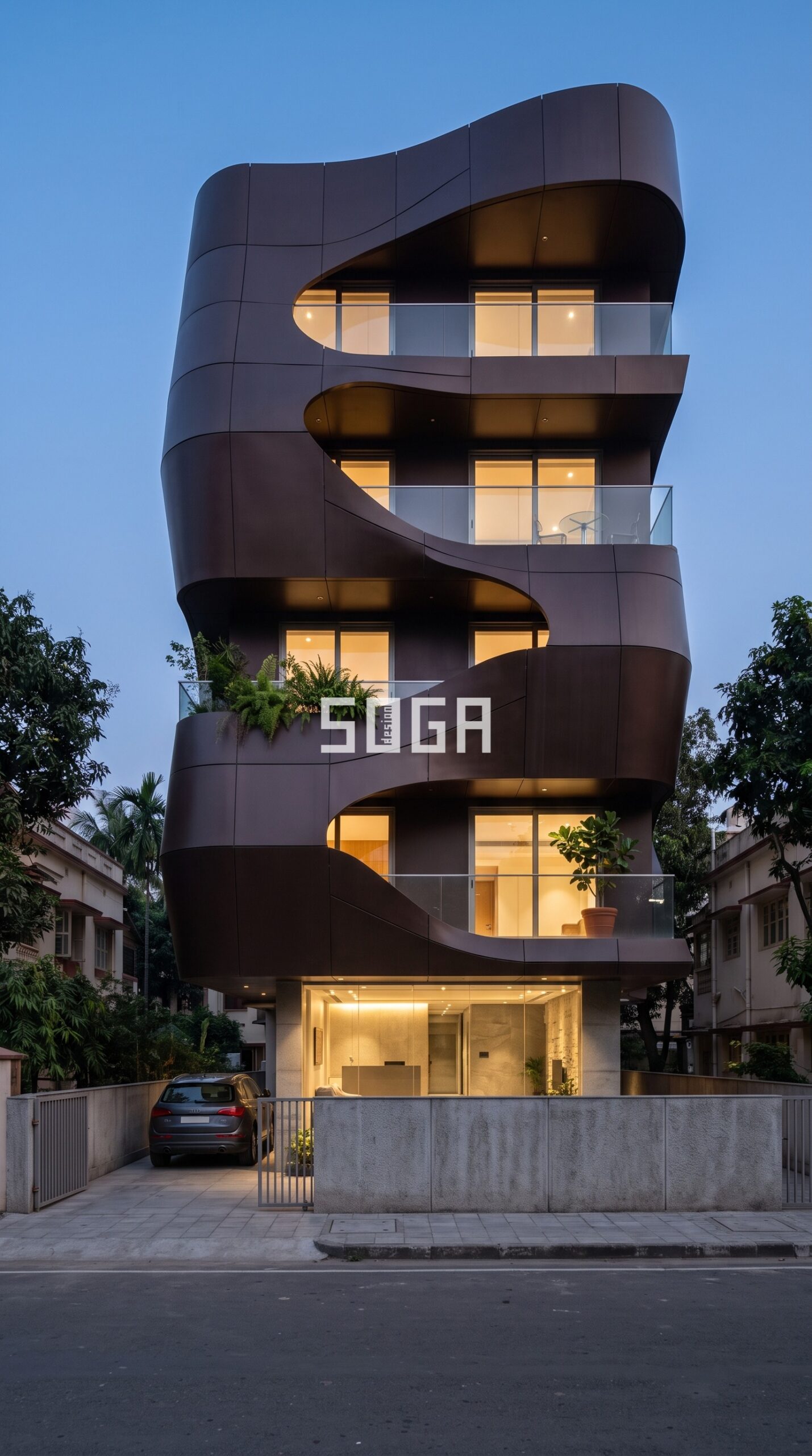 Parametric Architecture in Kolkata: Wide Dramatically Cantilevered Balconies Facade Design 2026 3 sculptural amorphous organic curved forms that wrap each flo parametric facade Kolkata - SOGA Design Studio