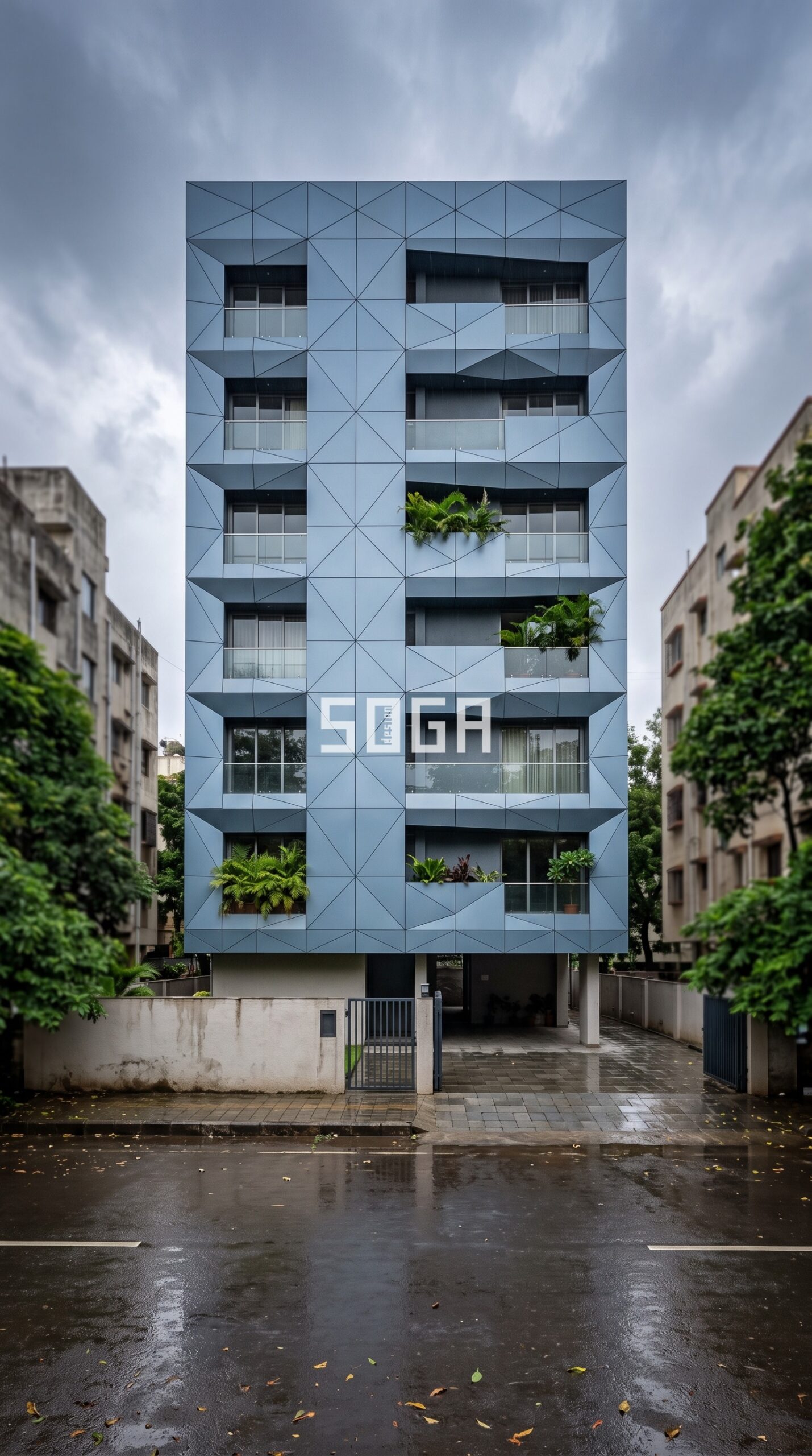 Parametric Architecture in Kolkata: Wide Dramatically Cantilevered Balconies Facade Design 2026 4 interlocking triangular panel facade with alternating matte parametric facade Pune - SOGA Design Studio