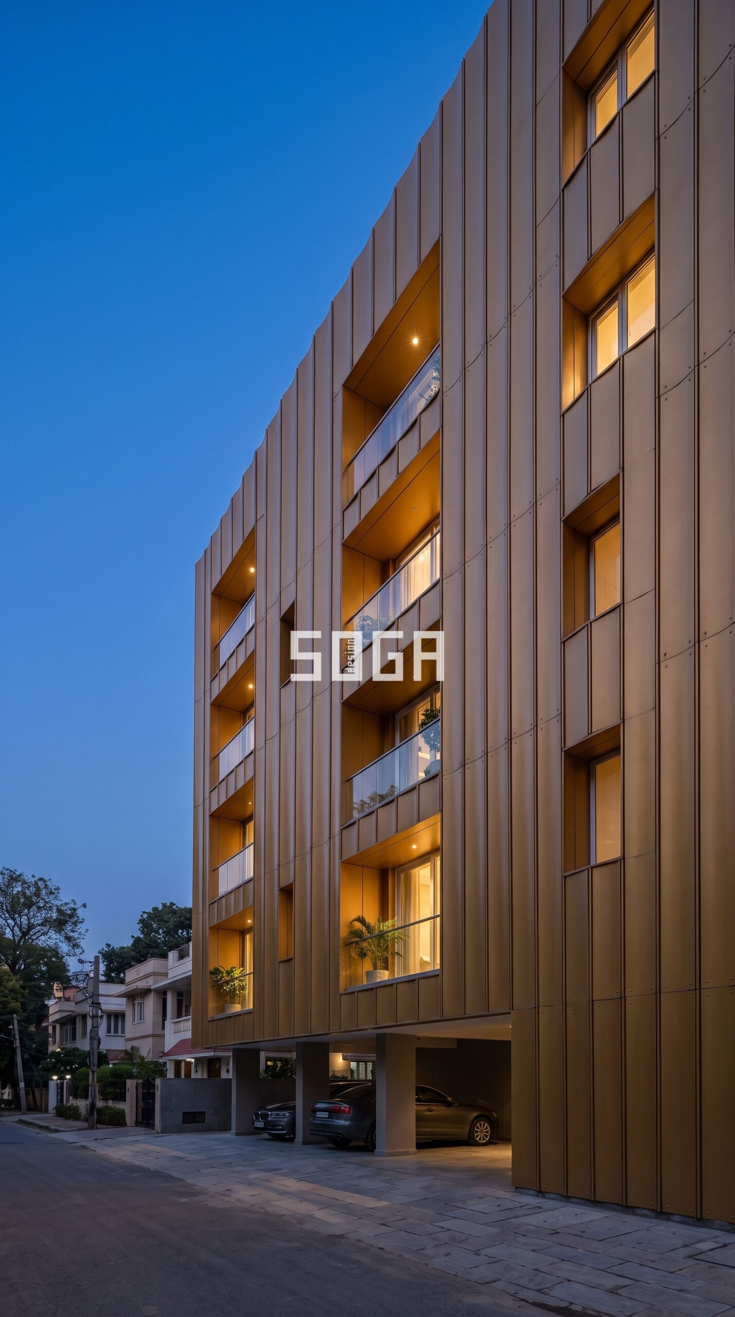 cascading waterfall-inspired vertical metal strip facade parametric facade New Delhi - SOGA Design Studio