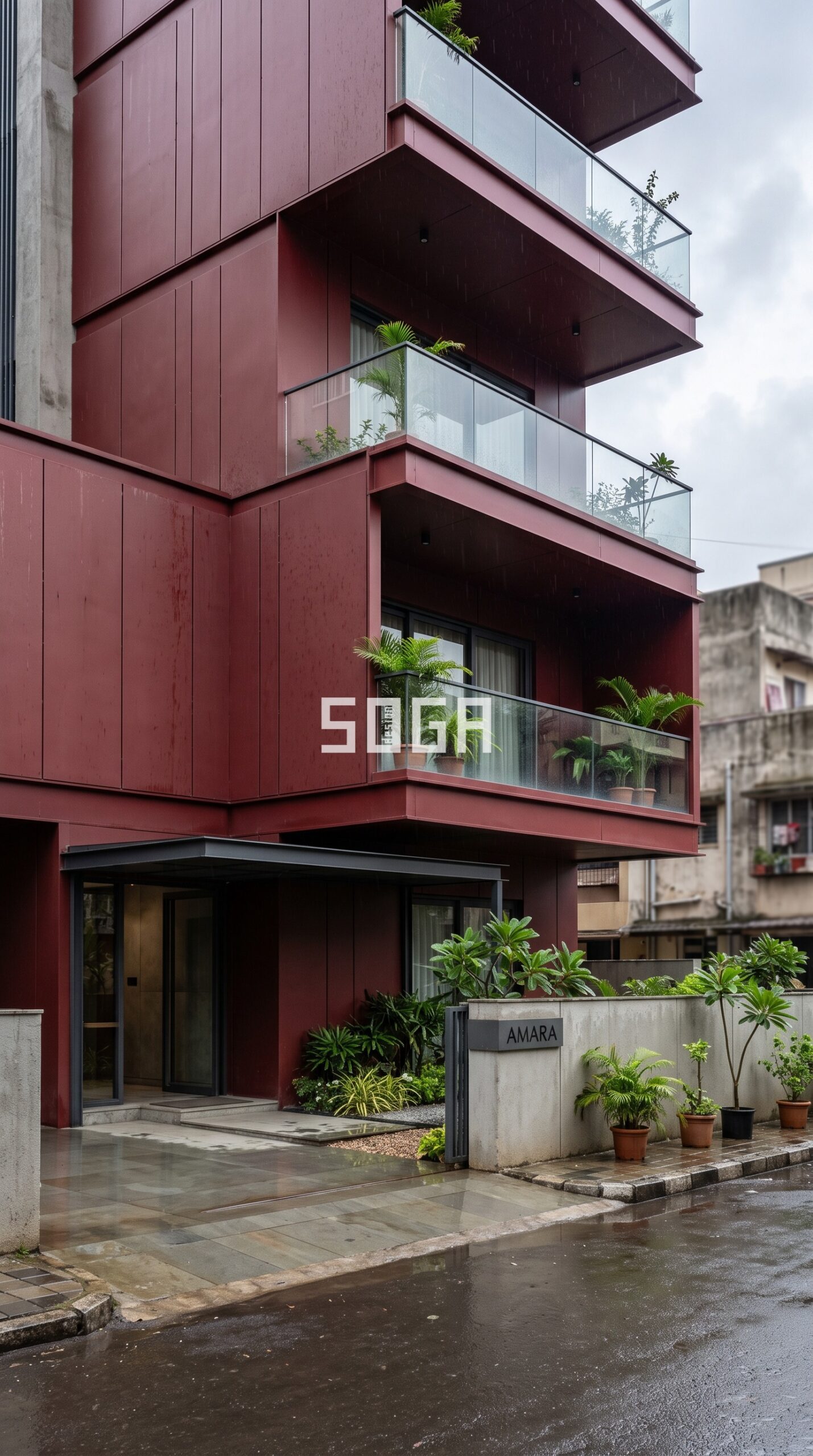 staggered cantilevered metal trays at alternate floors creat parametric facade Navi Mumbai - SOGA Design Studio