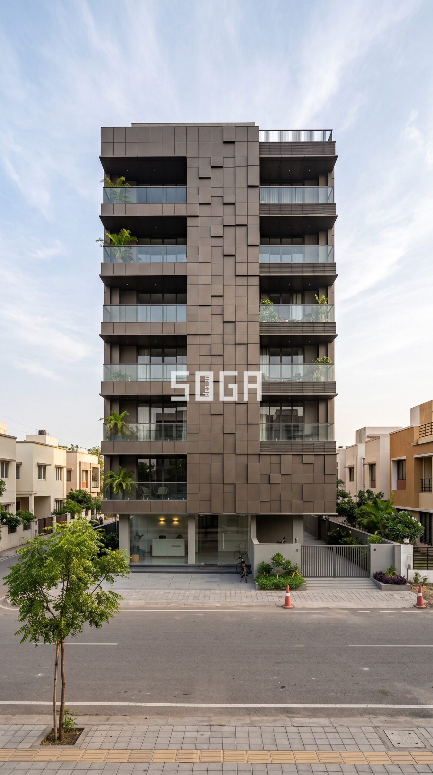 pixelated mosaic metal tile facade with varying projection d parametric facade Ahmedabad - SOGA Design Studio