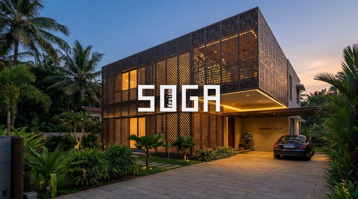 Modern Indian luxury villa with perforated aluminium jali facade — residential facade design idea 2026