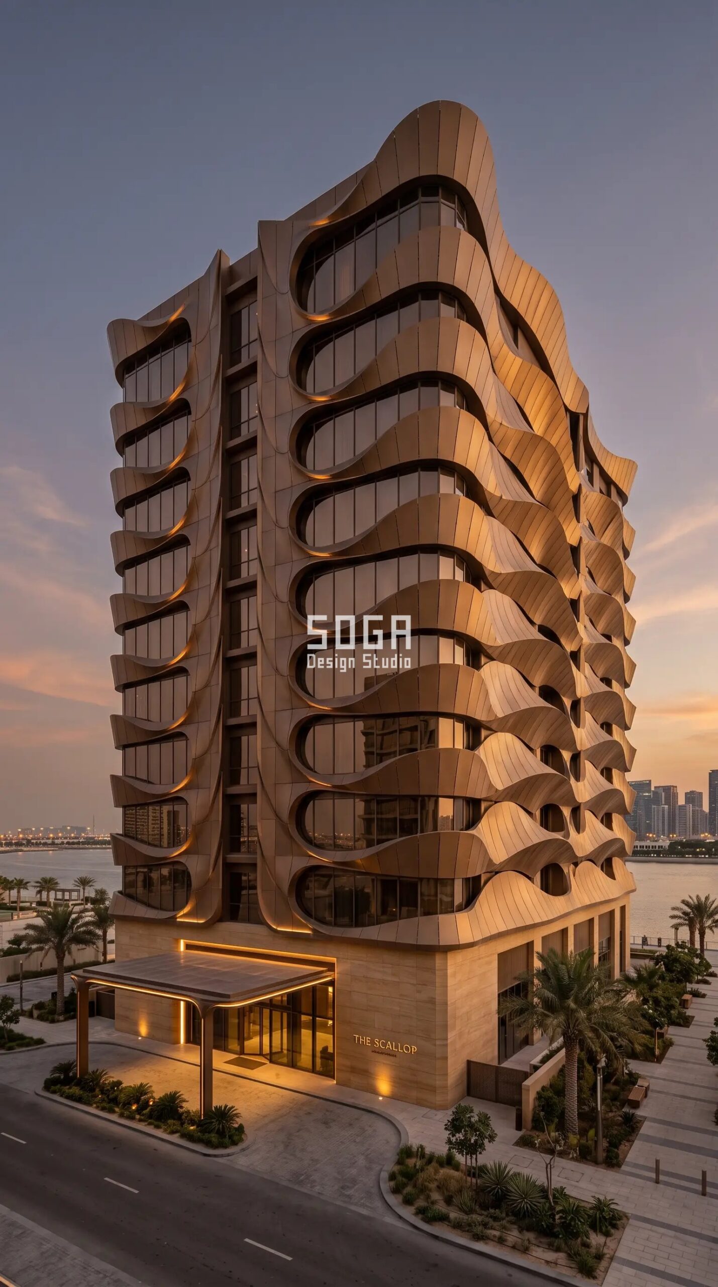 Commercial Facade Design: India, Dubai & Singapore 2026 6 Parametric Scallop Shell warm-bronze aluminium commercial hospitality facade Abu Dhabi Al Maryah - SOGA Design Studio