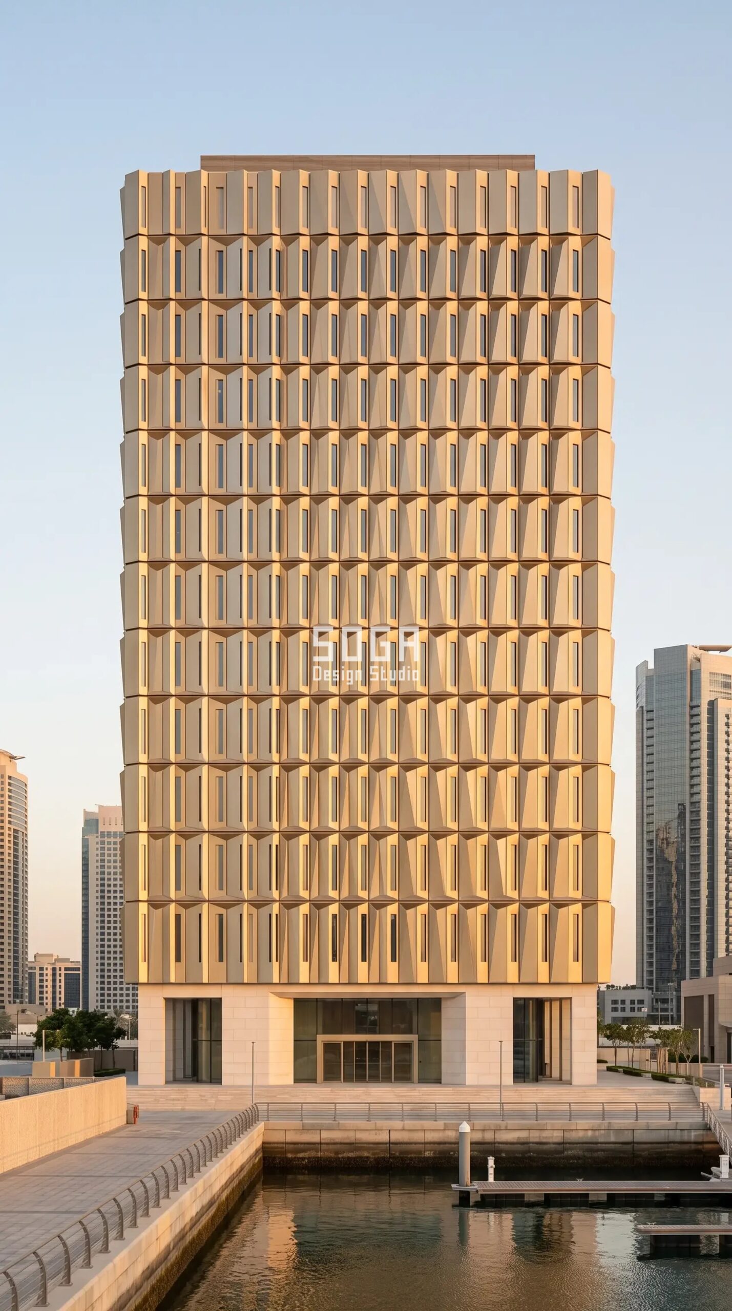 Office & Retail Facade Design: India, Dubai, Singapore 2026 6 Parametric Prism Fold sand-gold aluminium commercial office facade Abu Dhabi - SOGA Design Studio