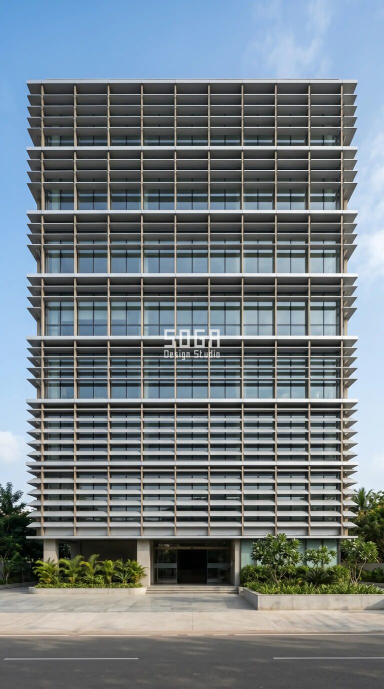 Parametric Louvre Cadence silver-grey aluminium commercial office facade Bangalore - SOGA Design Studio