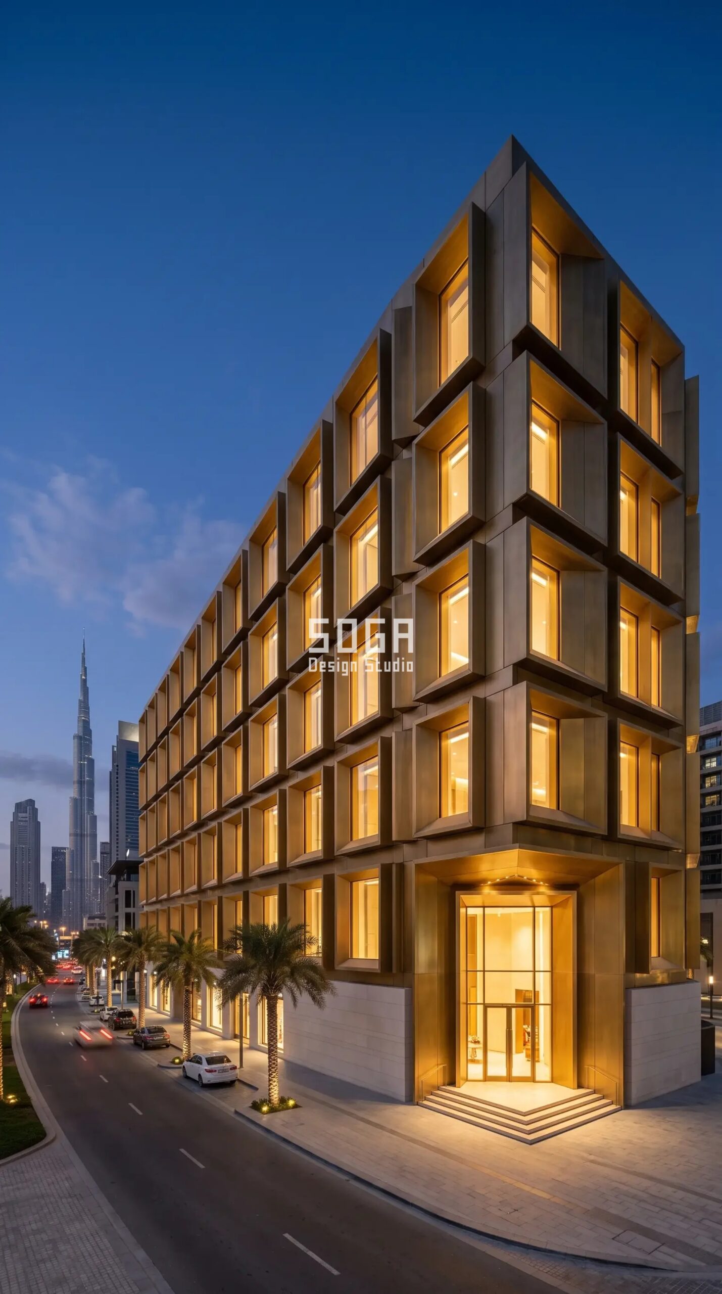 Office & Retail Facade Design: India, Dubai, Singapore 2026 4 Parametric Lantern Grid brushed brass commercial retail facade Dubai - SOGA Design Studio