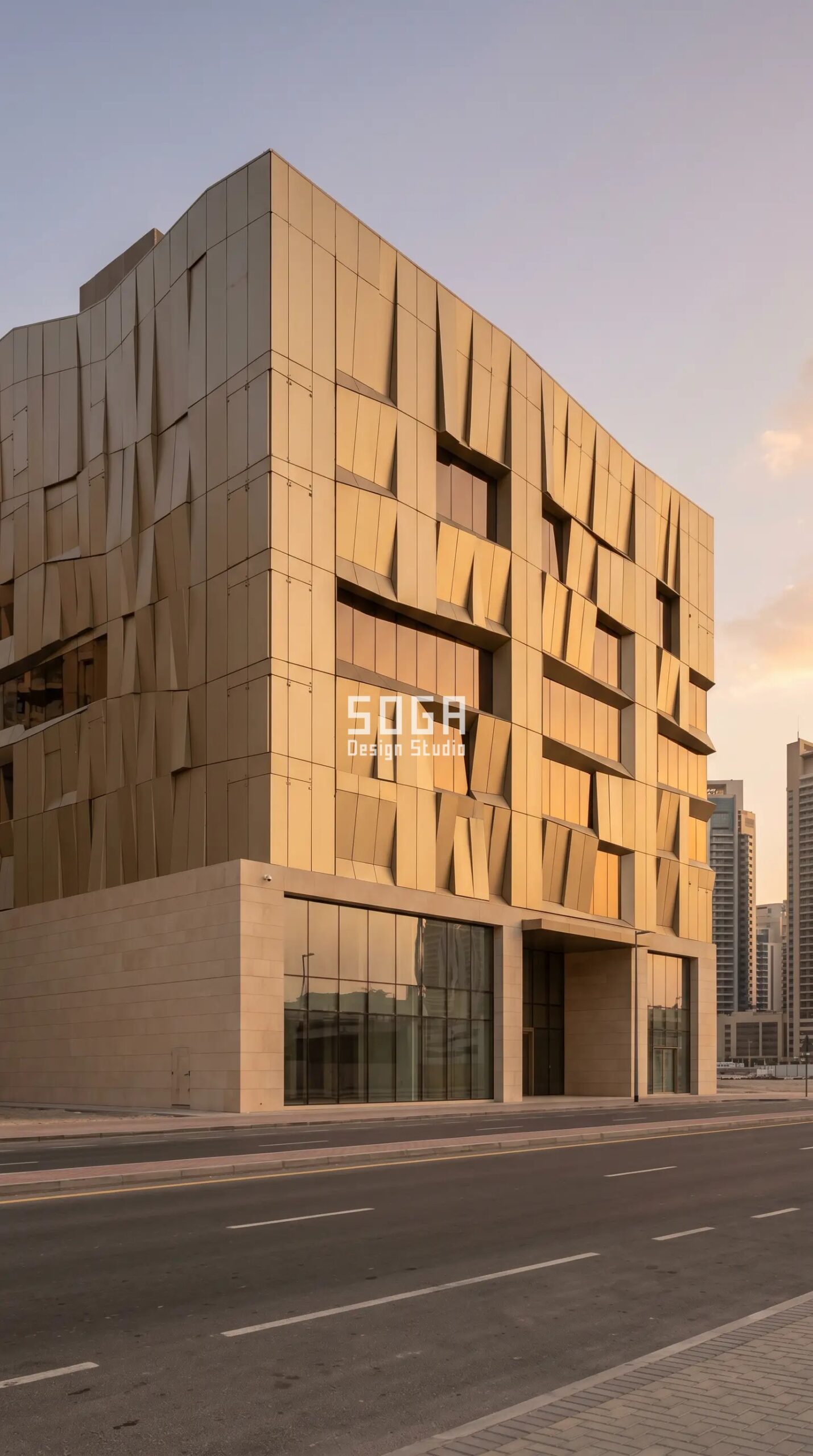 Commercial Facade Design: India, Dubai & Singapore 2026 4 Parametric Facet Veil champagne-gold aluminium commercial retail facade Dubai Business Bay - SOGA Design Studio
