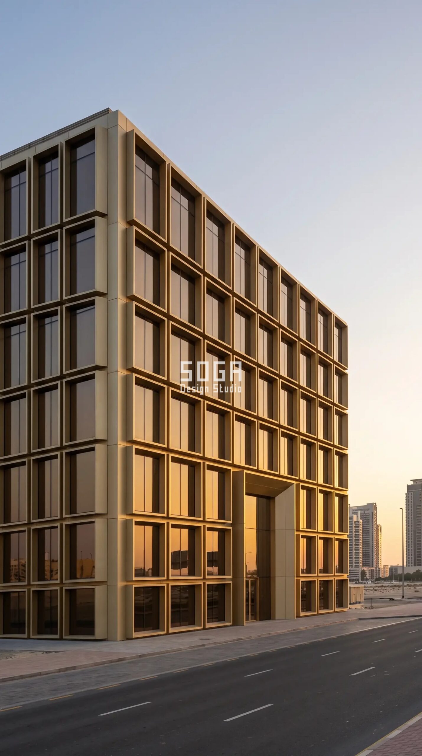 Parametric Frame Grid champagne-gold aluminium retail flagship facade Dubai UAE - SOGA Design Studio