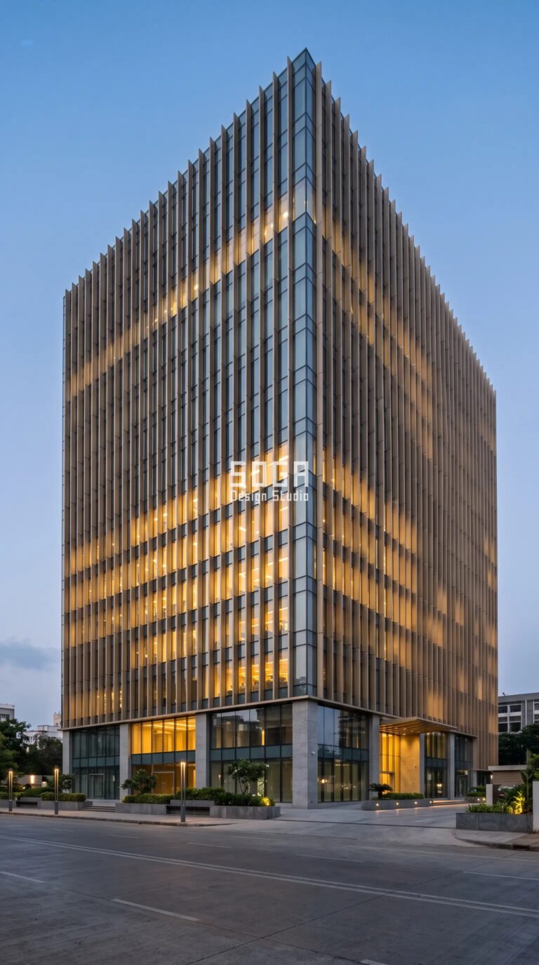 Commercial Facade Design: India, Dubai & Singapore 2026 2 Parametric Stride Fin champagne-bronze aluminium commercial office facade Mumbai BKC - SOGA Design Studio