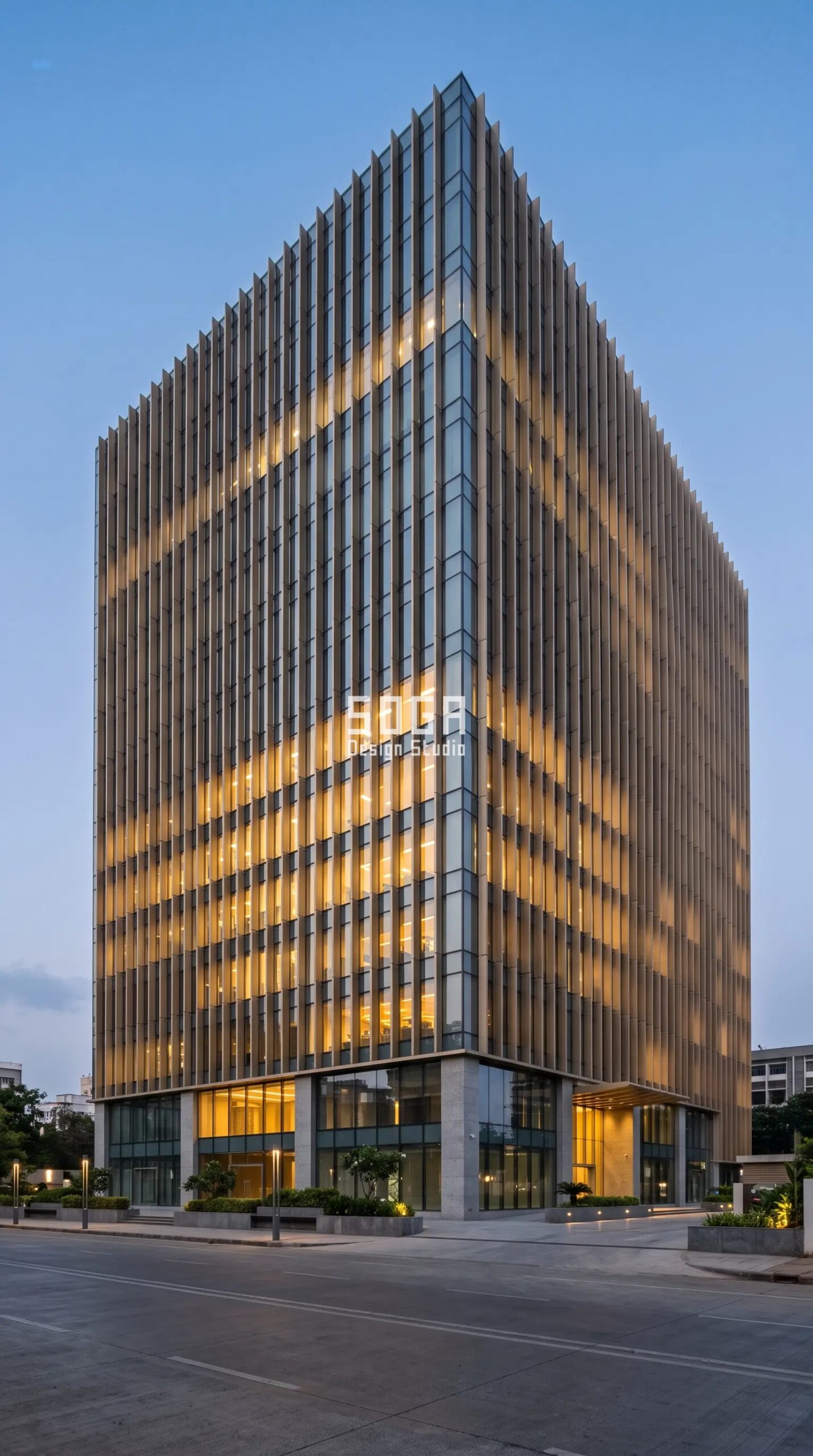 Commercial Facade Design: India, Dubai & Singapore 2026 3 Parametric Stride Fin champagne-bronze aluminium commercial office facade Mumbai BKC - SOGA Design Studio