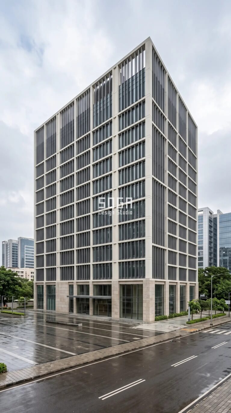 Office & Retail Facade Design: India, Dubai, Singapore 2026 2 Parametric Stele Fin graphite-pewter aluminium commercial office facade Mumbai - SOGA Design Studio
