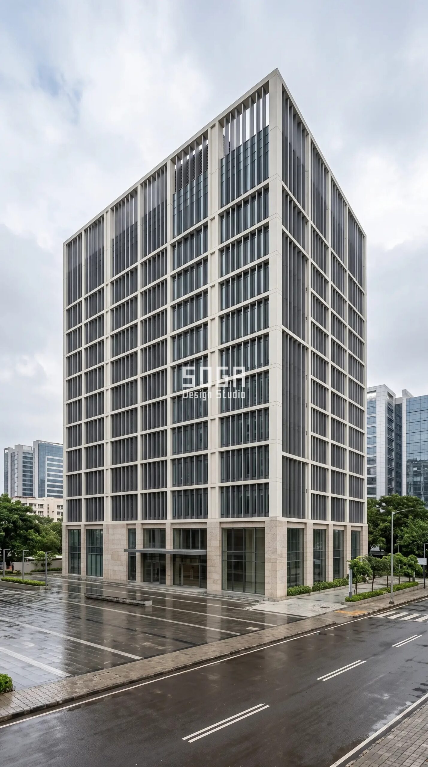 Office & Retail Facade Design: India, Dubai, Singapore 2026 8 Parametric Stele Fin graphite-pewter aluminium commercial office facade Mumbai - SOGA Design Studio