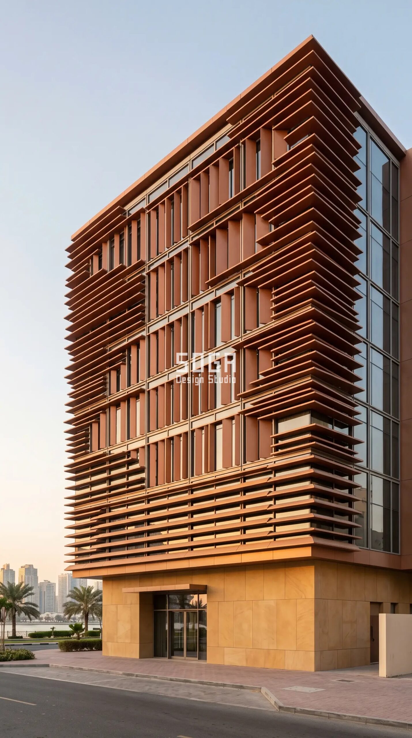 Parametric Baffle Screen terracotta-bronze aluminium hospitality facade Sharjah UAE - SOGA Design Studio