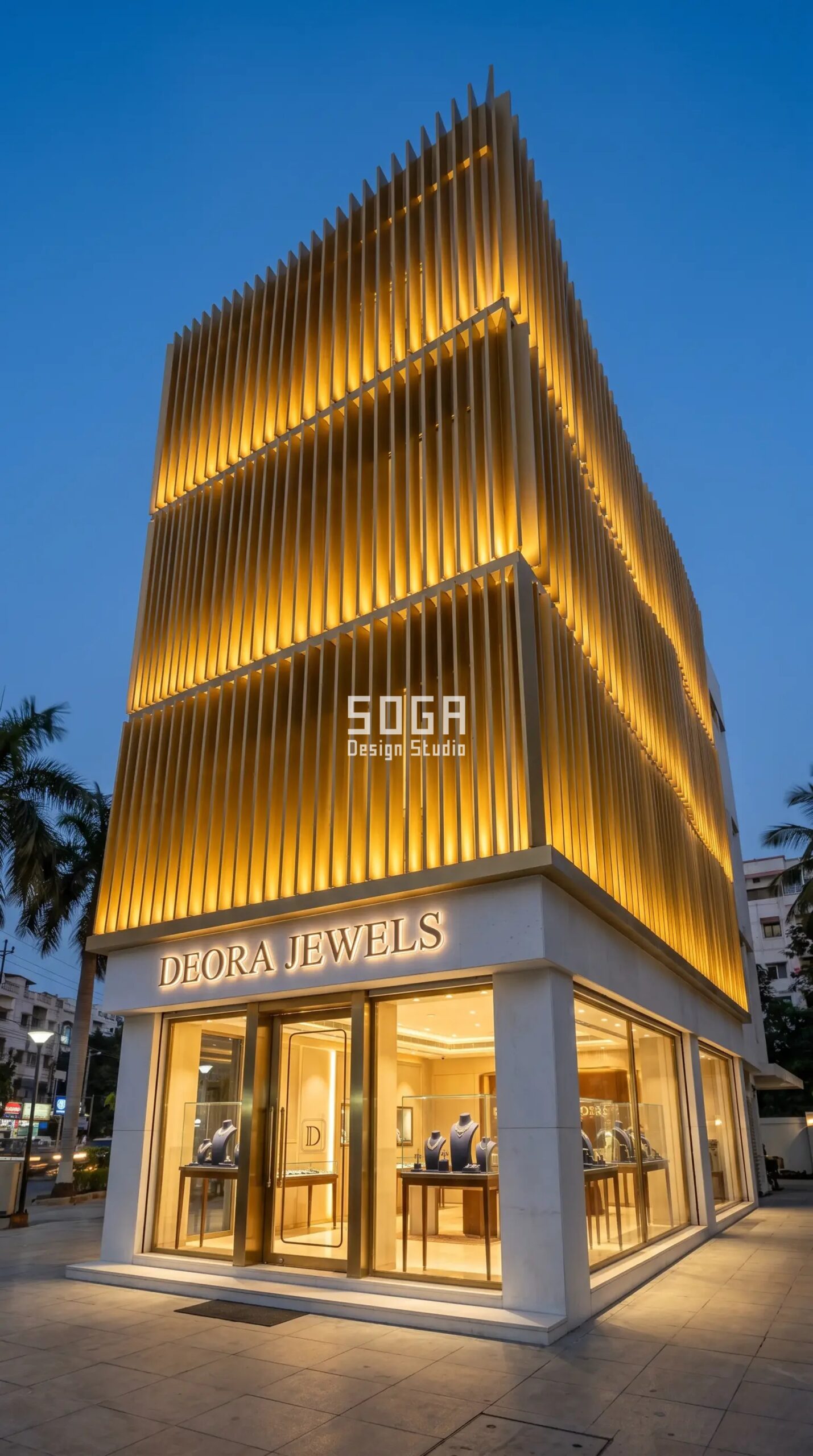 Luxury Jewellery Showroom Facade Design India 2026 3 Deora Jewels Parametric Fin Cascade brushed-gold jewellery showroom facade Hyderabad - SOGA Design Studio