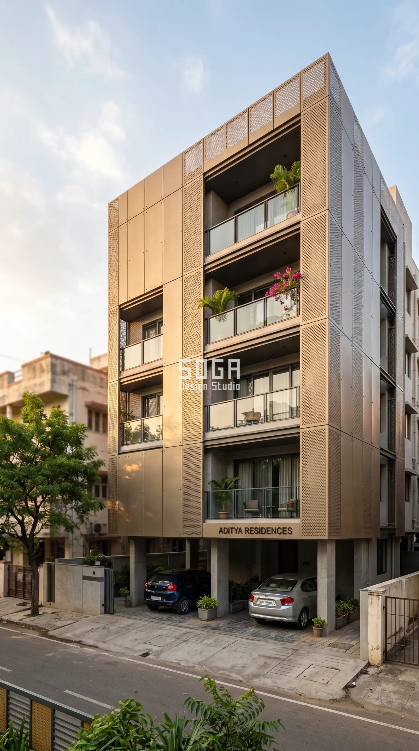Corridor-type double skin champagne bronze metal facade Chennai - SOGA Design Studio