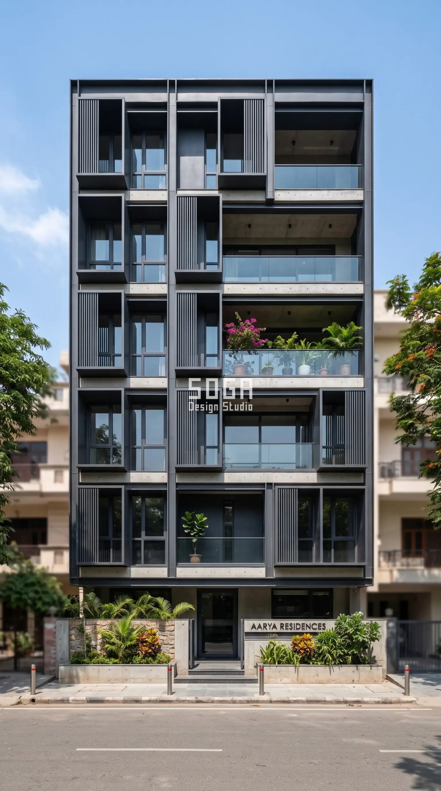 Double Skin Facade in India: Benefits, Cost & Guide 2026 9 Box-window double skin charcoal metal facade Delhi - SOGA Design Studio