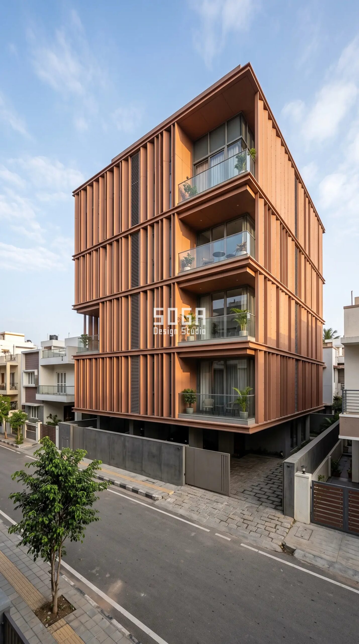 Shaft-box double skin terracotta metal fin facade Bangalore - SOGA Design Studio