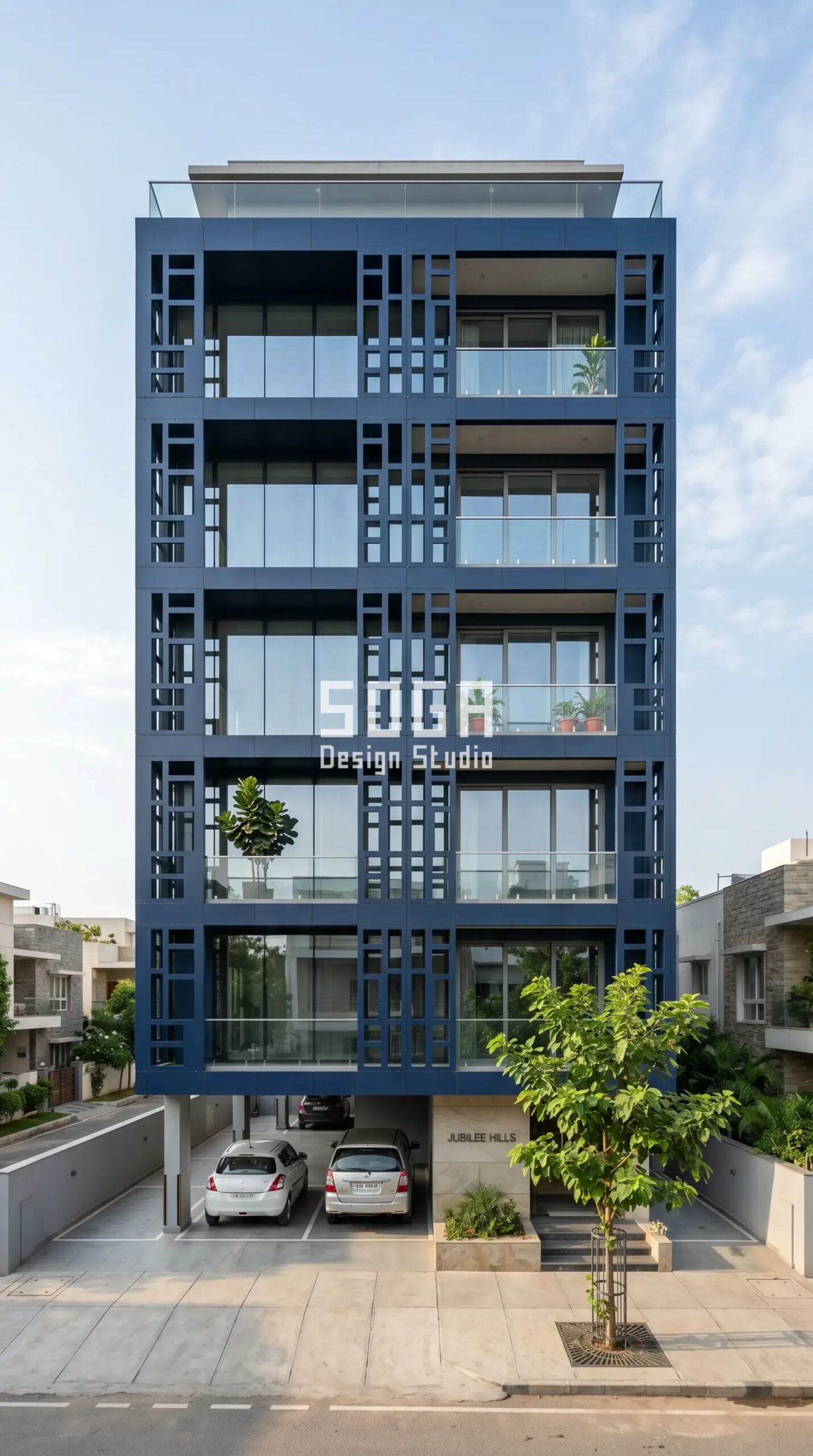Facade Design Hyderabad & India 2026: Parametric Metal 10 Parametric Petal Screen deep navy blue ACP panels parametric facade Hyderabad - SOGA Design Studio
