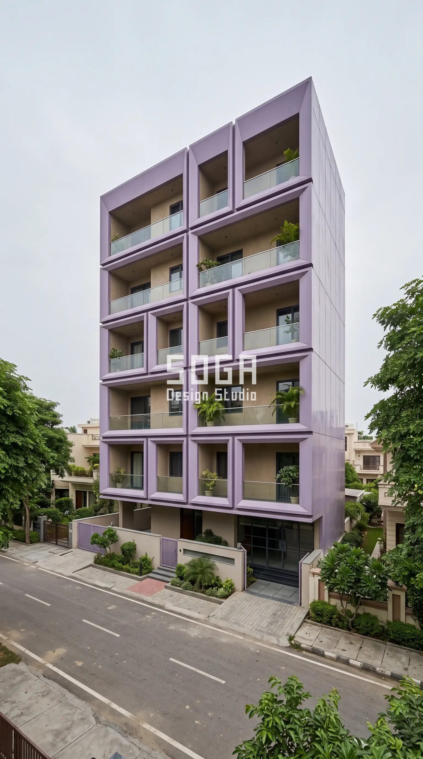 Facade Design Hyderabad & India 2026: Parametric Metal 4 Parametric Frame Grid RAL 4009 pastel violet steel panels parametric facade Gurugram - SOGA Design Studio