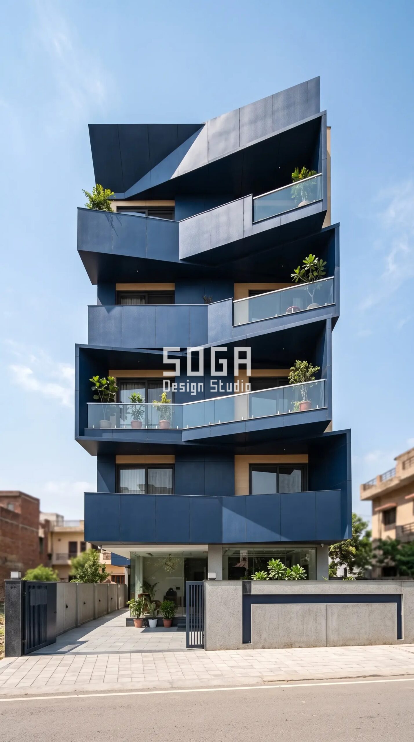 Facade Design Hyderabad & India 2026: Parametric Metal 5 Parametric Stagger Pulse deep navy blue ACP panels parametric facade Ludhiana - SOGA Design Studio