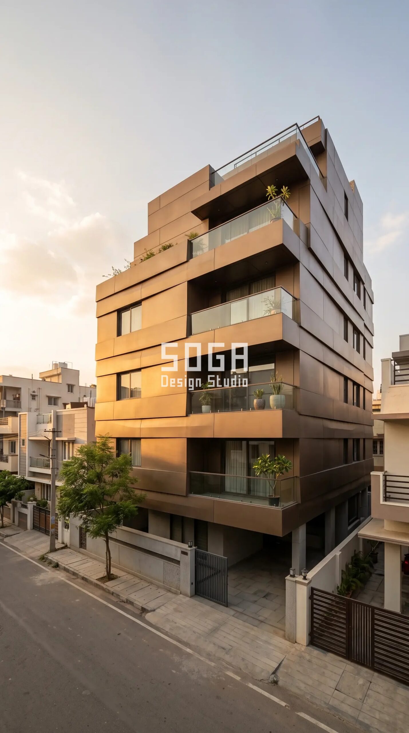 Facade Design Hyderabad & India 2026: Parametric Metal 6 Parametric Terrace Shell warm brushed bronze ACP panels parametric facade Bangalore - SOGA Design Studio