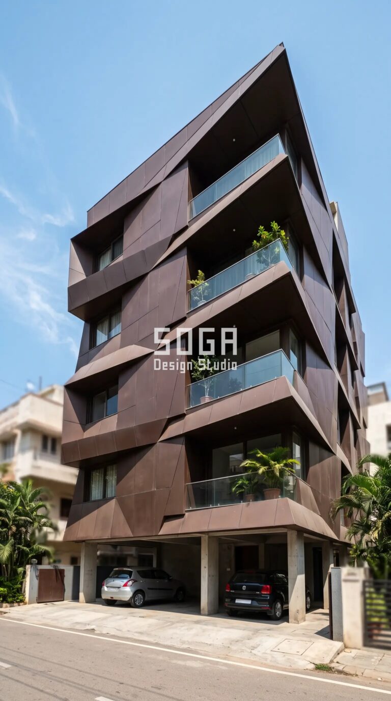 Facade Design in Bangalore & India 2026: Metal Facade Guide 2 Parametric Slant Pulse matte rich dark chocolate brown steel cladding facade Bangalore - SOGA Design Studio
