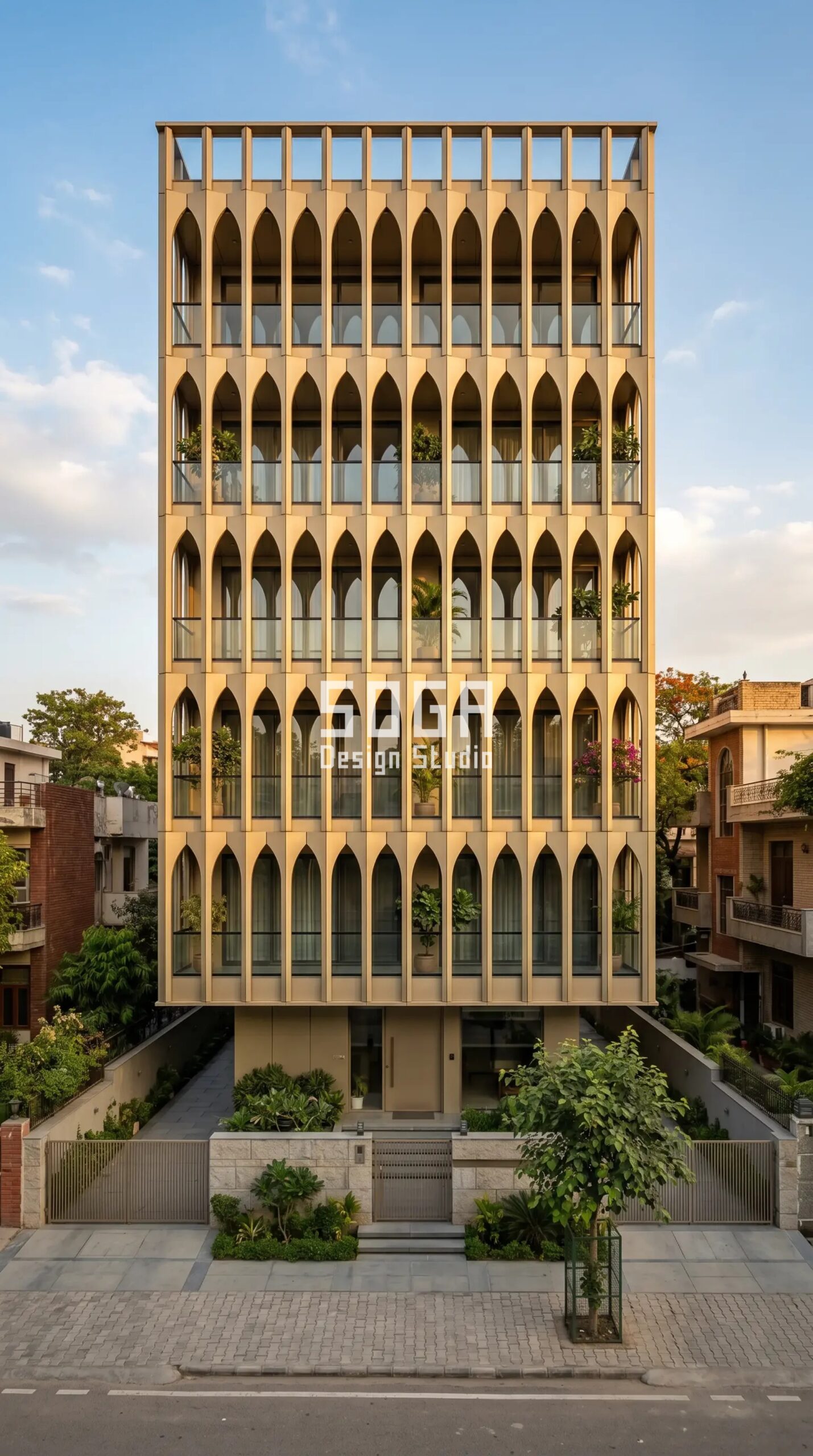 Facade Design in Bangalore & India 2026: Metal Facade Guide 4 Parametric Arch Screen matte champagne gold ACP facade New Delhi - SOGA Design Studio