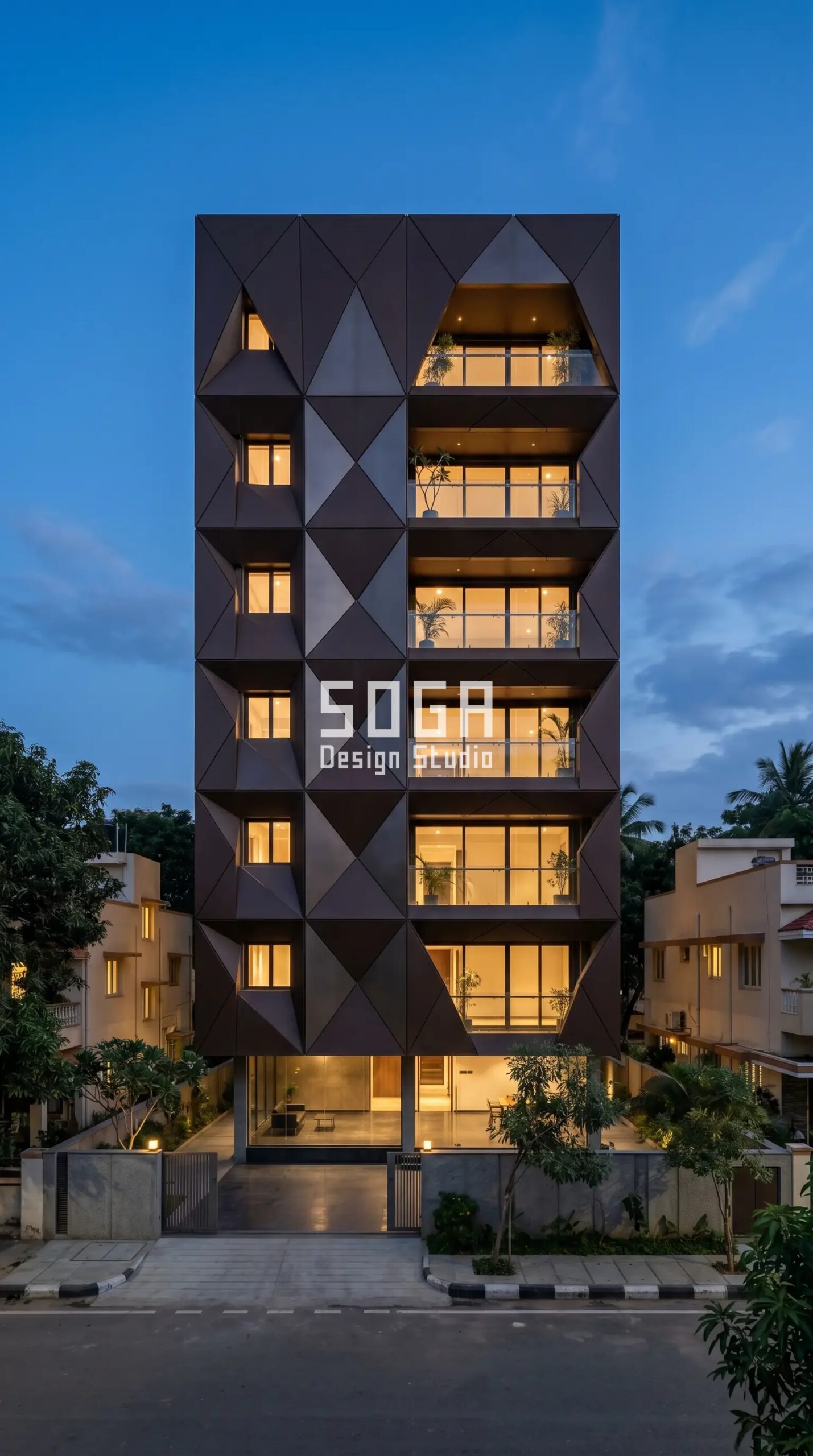 Facade Design in Bangalore & India 2026: Metal Facade Guide 5 Parametric Prism Grid matte dark espresso brown oxidized steel facade Bangalore - SOGA Design Studio