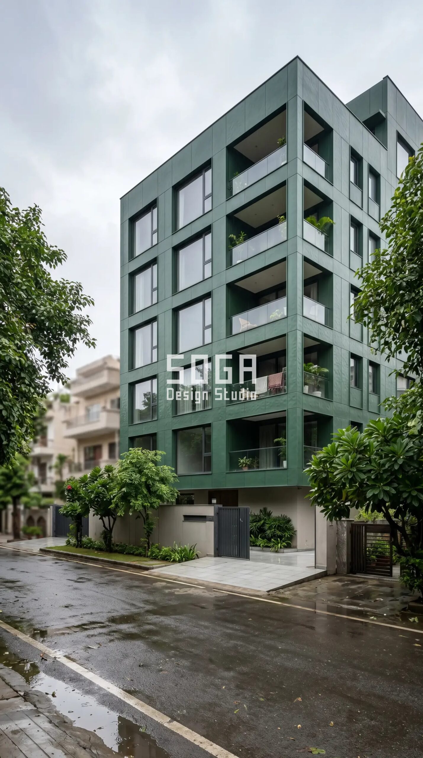 Facade Design in Bangalore & India 2026: Metal Facade Guide 6 Parametric Emboss Grid matte powder-coated RAL 6009 deep fir green steel facade New Delhi - SOGA Design Studio