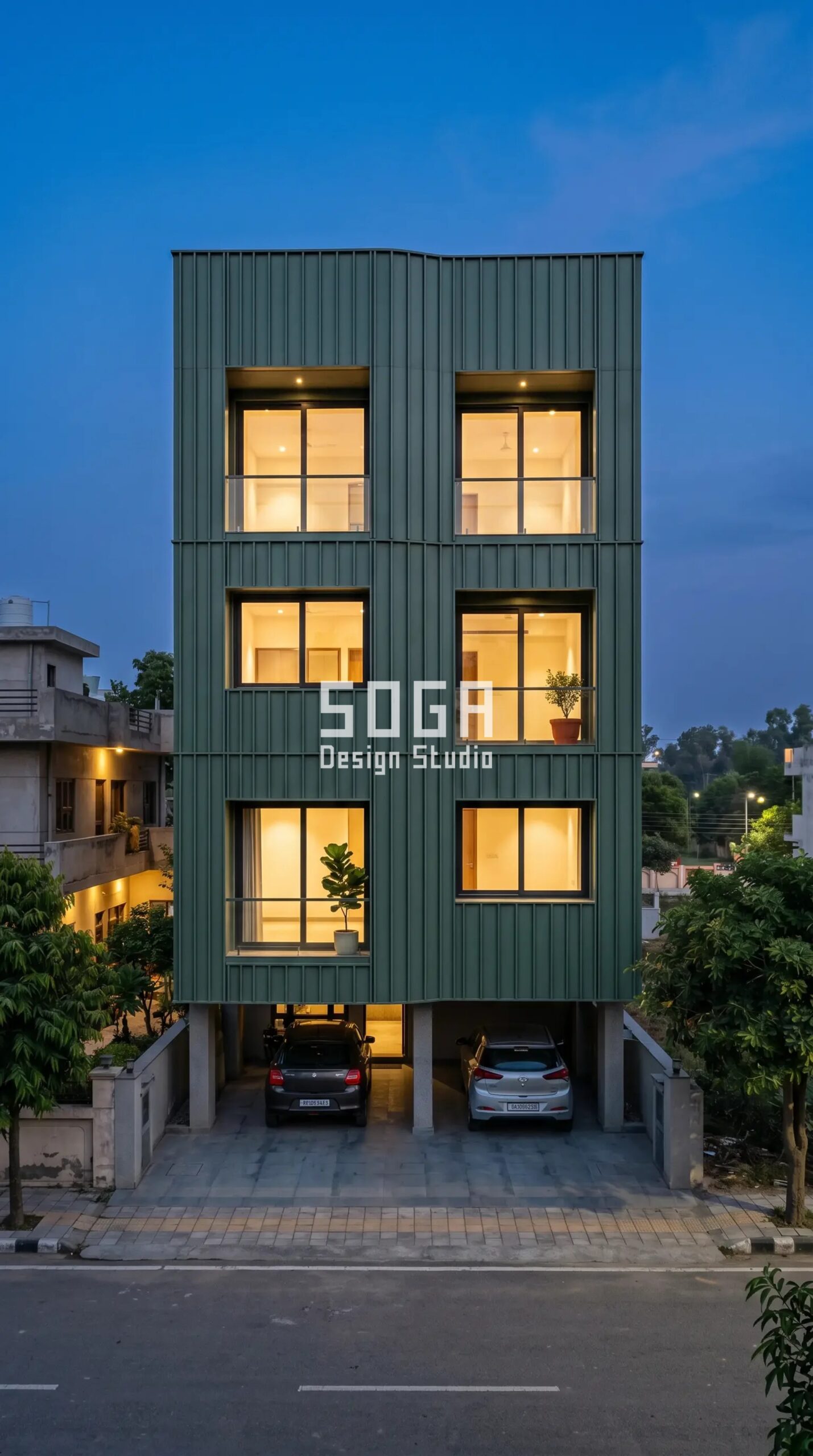 Facade Design in Mohali & India 2026: Metal Facade Ideas 3 Parametric Billow Shell moss green ribbed steel facade Mohali - SOGA Design Studio