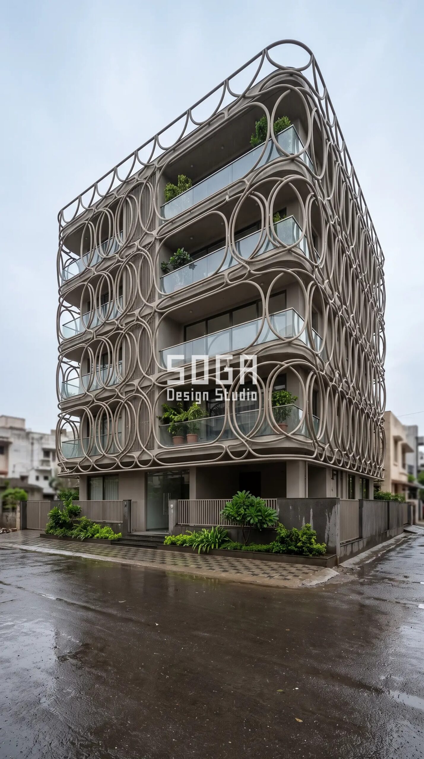 Parametric Loop Weave beige grey metal tube screen facade Surat - SOGA Design Studio