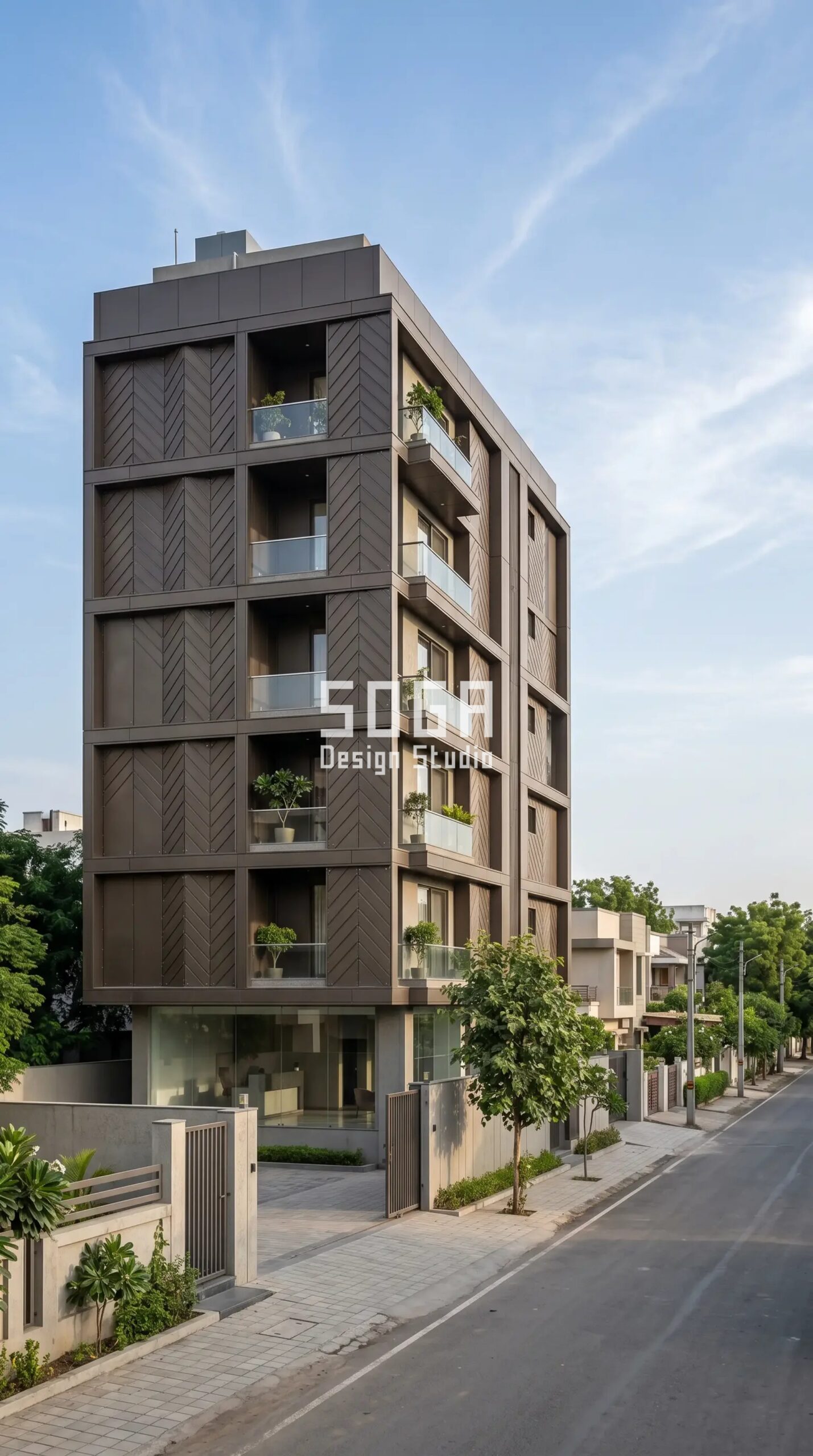 Parametric Chevron Grid dark bronze ACP herringbone facade Surat - SOGA Design Studio