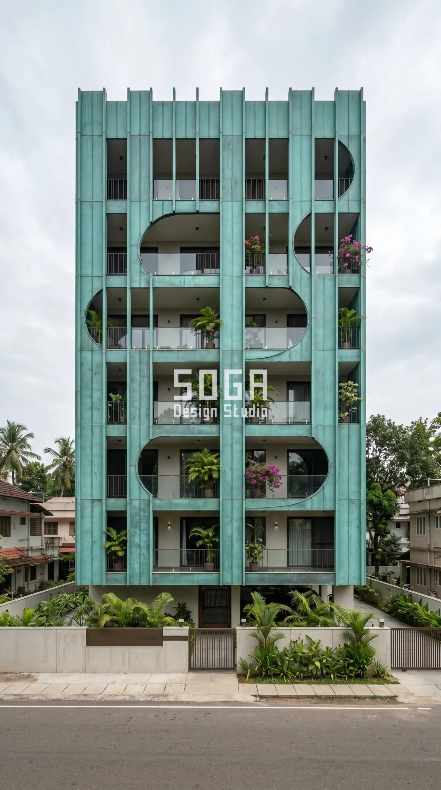 Parametric Quill Screen verdigris copper fin facade Kochi - SOGA Design Studio