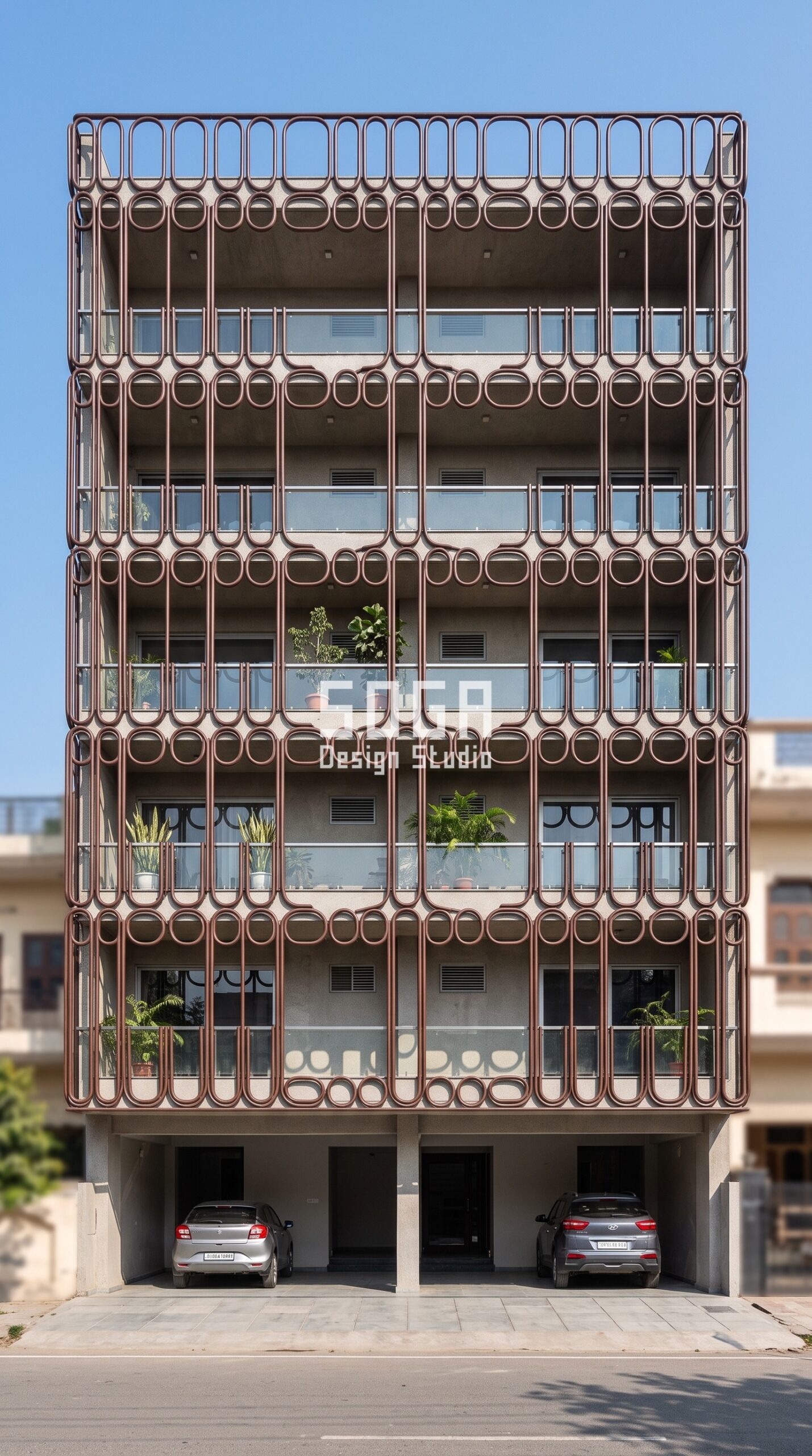Facade Design in Amritsar & India 2026: Metal Facade Guide 1 Parametric Loop Screen mahogany brown steel facade Amritsar - SOGA Design Studio