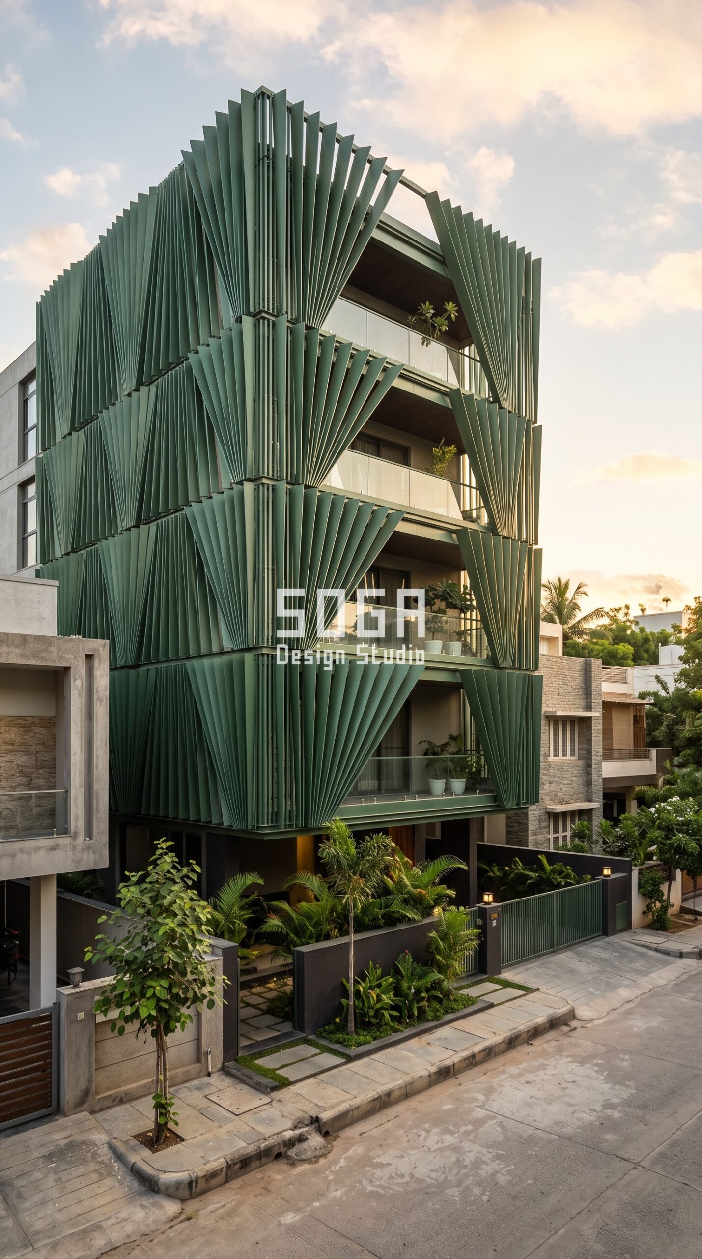 Parametric Petal Screen forest green aluminium facade Hyderabad - SOGA Design Studio