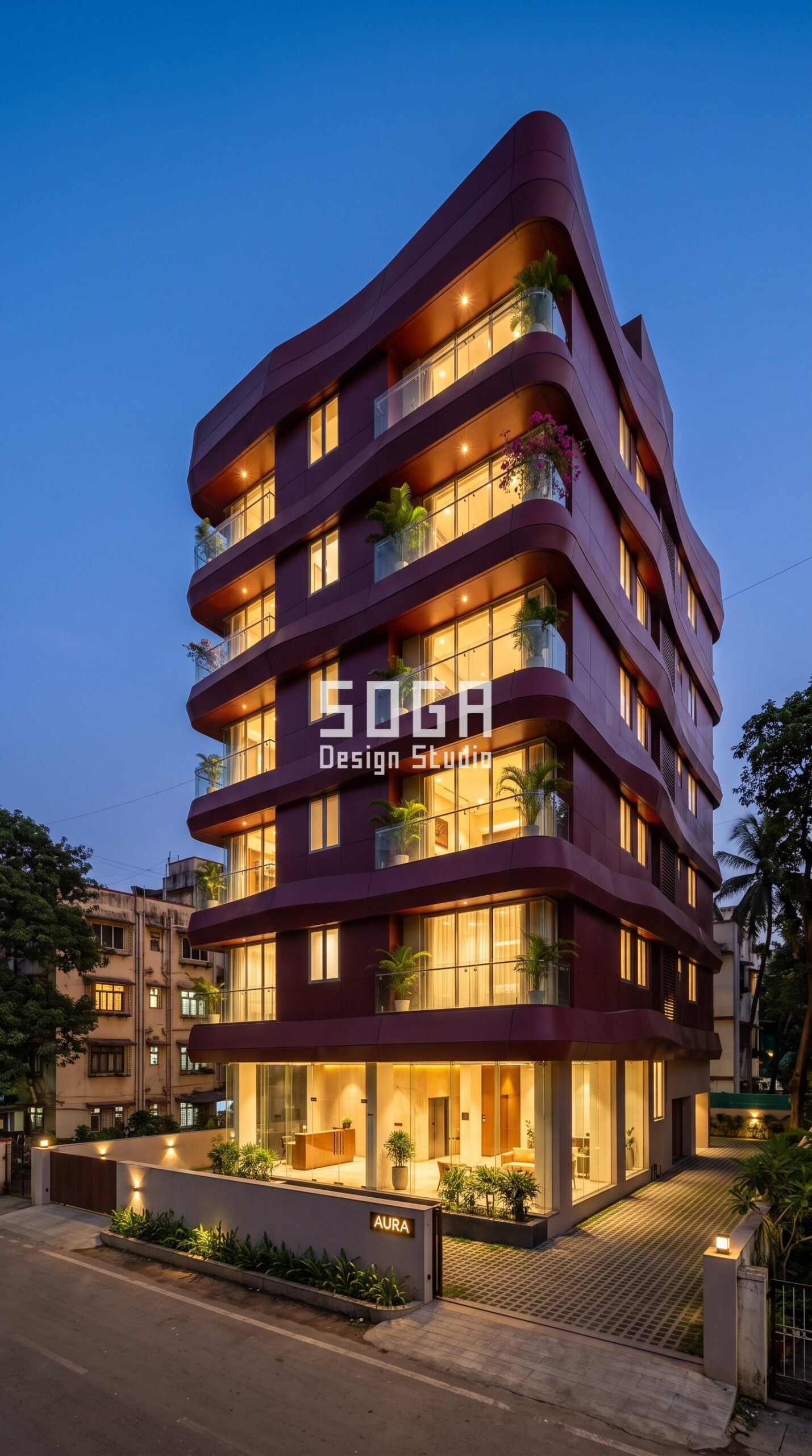 Parametric Ripple Shell wine red steel facade Mumbai - SOGA Design Studio