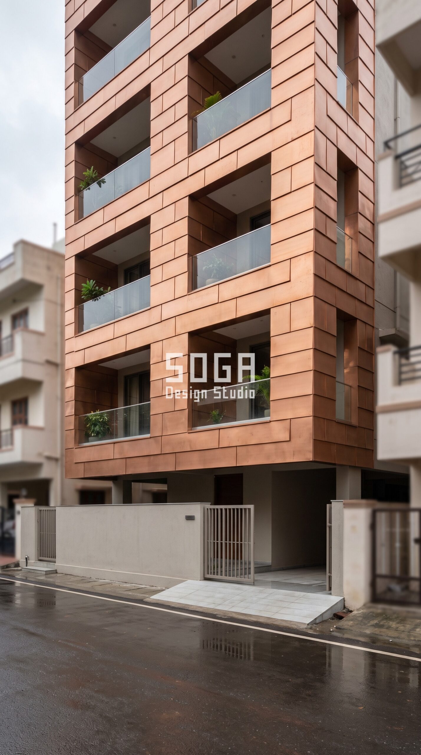 Parametric Bond Grid honey copper facade Chennai - SOGA Design Studio