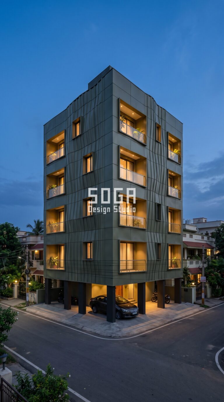 Facade Design in Vizag & India 2026: Metal Facade Guide 2 Parametric Dune Shell olive-drab powder-coated metal facade, G+5 residence Vizag - SOGA Design Studio