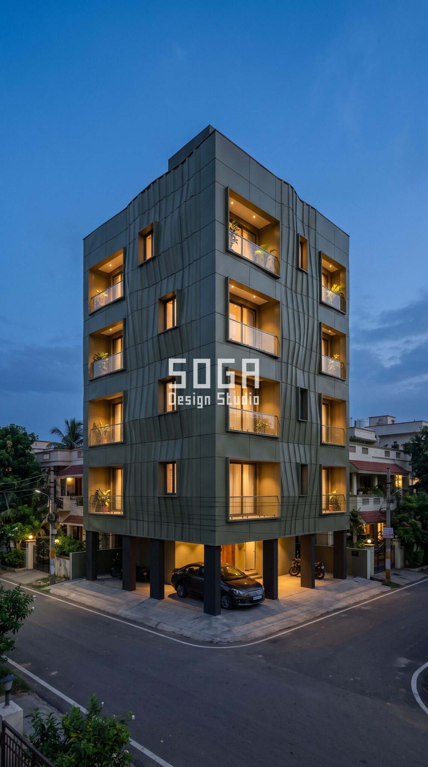 Facade Design in Vizag & India 2026: Metal Facade Guide 9 Parametric Dune Shell olive-drab powder-coated metal facade, G+5 residence Vizag - SOGA Design Studio