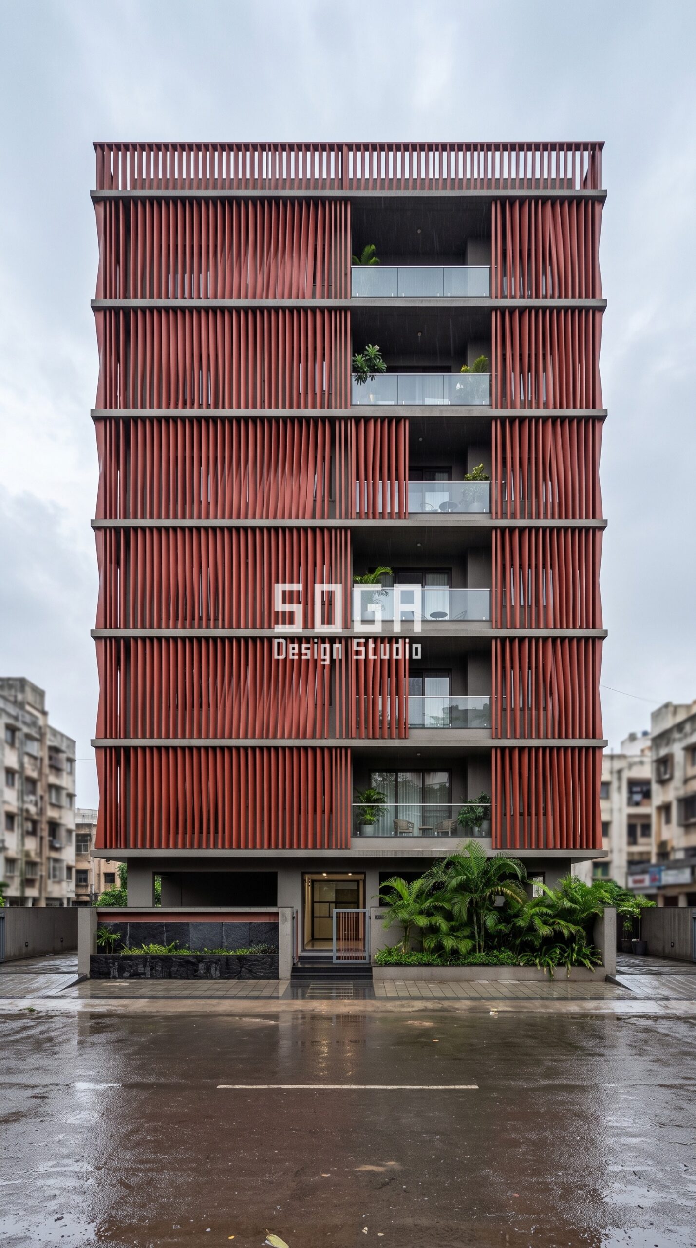 Facade Design in Vizag & India 2026: Metal Facade Guide 4 Parametric Torque Screen oxide-red twisted metal fin facade, G+5 residence Surat - SOGA Design Studio