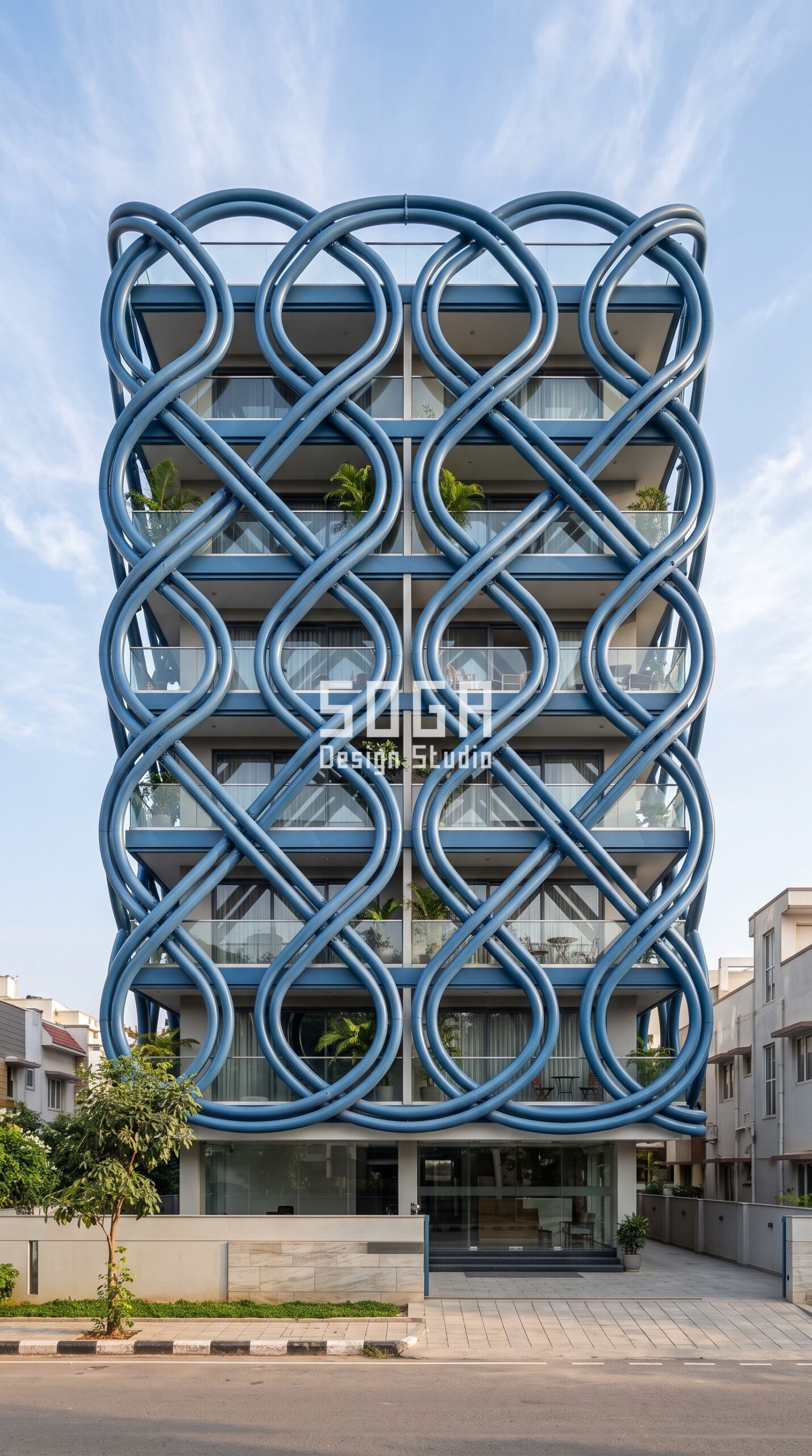 Facade Design in Vizag & India 2026: Metal Facade Guide 5 Parametric Knot Weave steel-blue metal loop facade, G+7 residence Bangalore - SOGA Design Studio