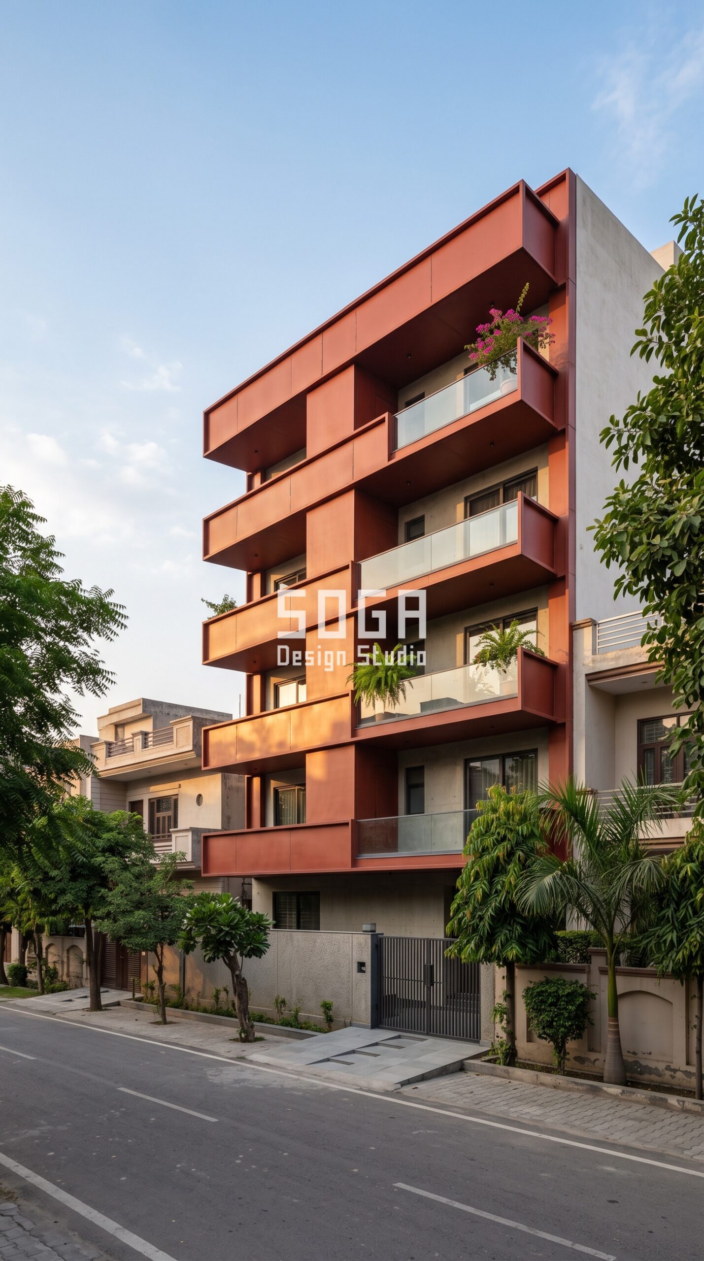 Facade Design in Vizag & India 2026: Metal Facade Guide 6 Parametric Shelf Grid terracotta-red cantilevered metal tray facade, G+4 residence Amritsar - SOGA Design Studio