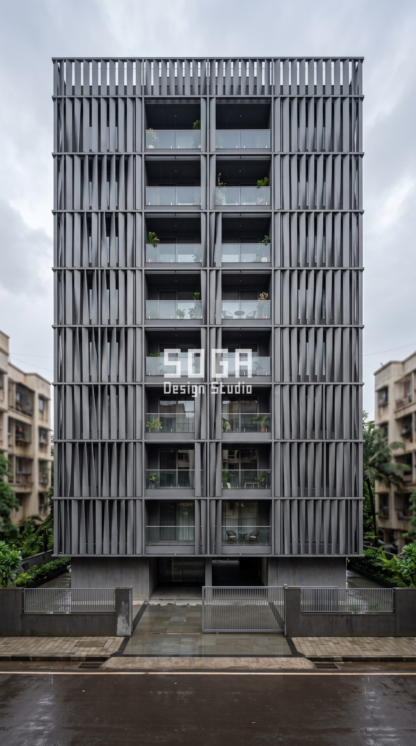 Facade Design in Coimbatore & India 2026: Metal Guide 6 Parametric Spin Louvre gunmetal grey rotating louver facade Navi Mumbai - SOGA Design Studio